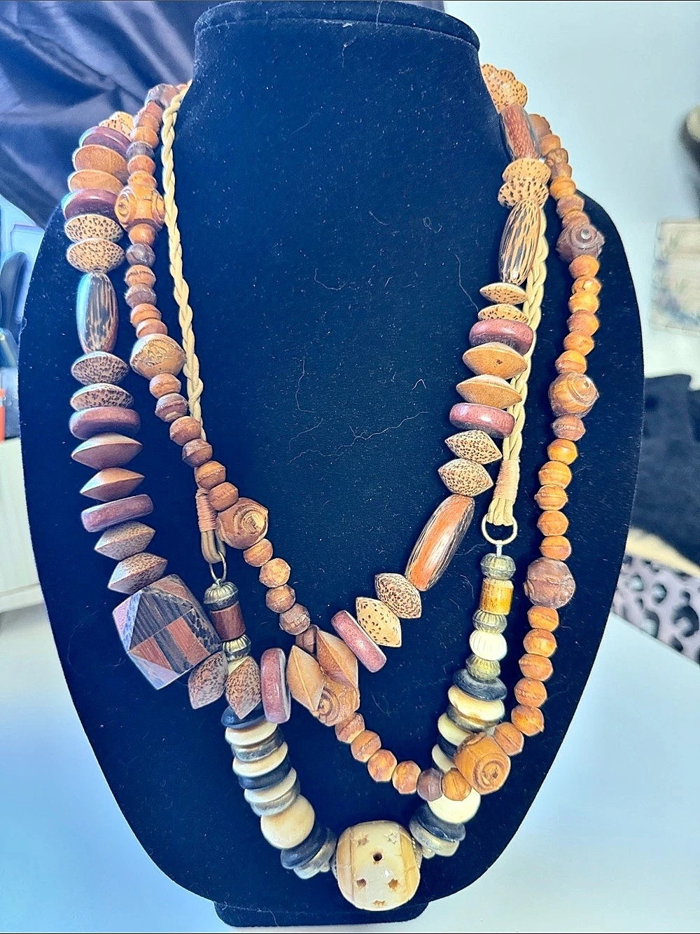Layered Beaded Statement Necklace’s in Brown & Gold Vintage Set of 3